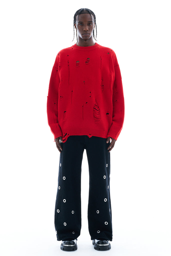 DAMAGED KNIT SWEATER / RED