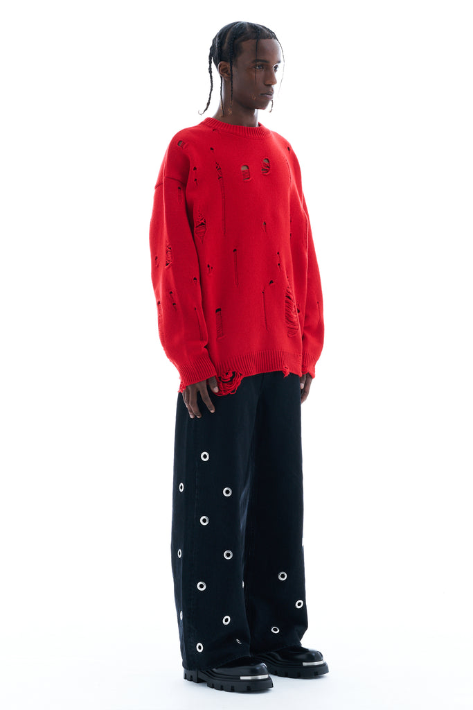 DAMAGED KNIT SWEATER / RED