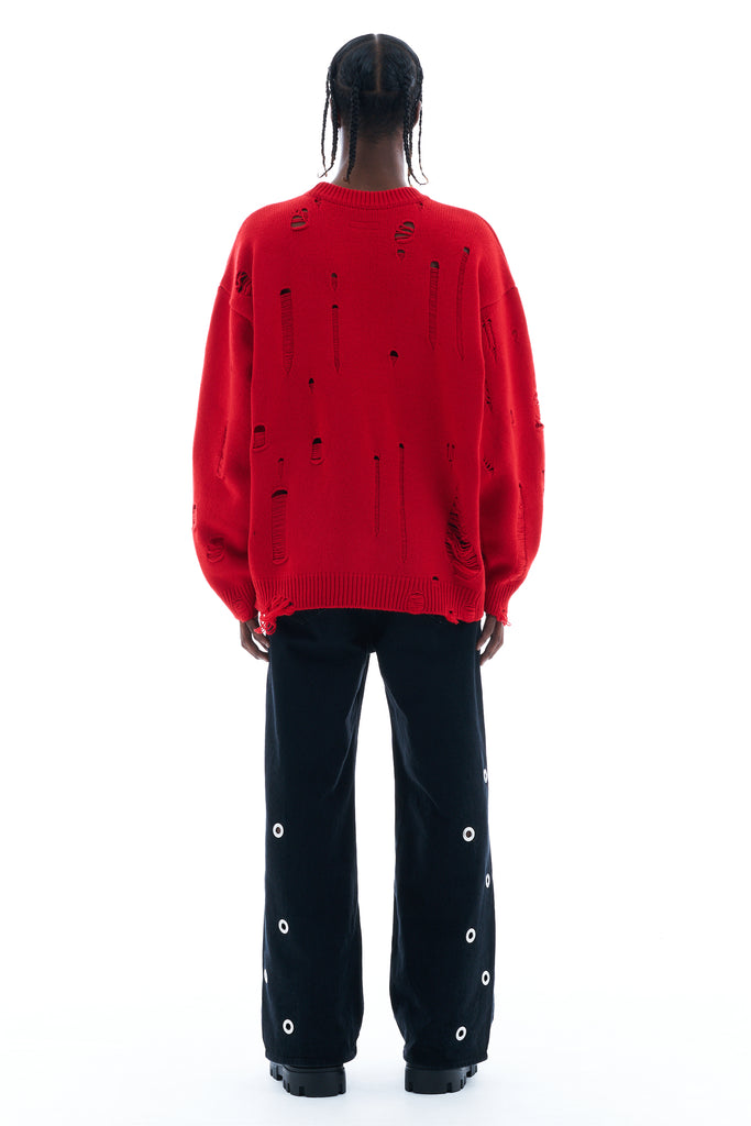 DAMAGED KNIT SWEATER / RED