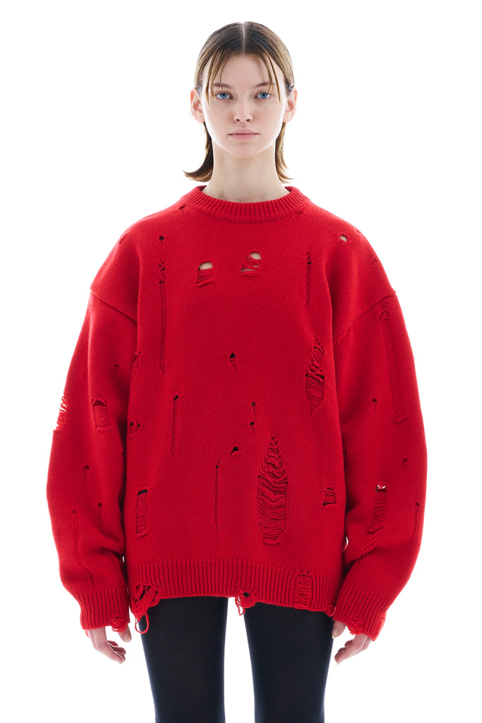 DAMAGED KNIT SWEATER / RED