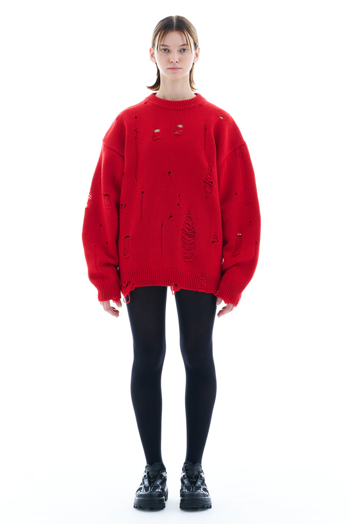 DAMAGED KNIT SWEATER / RED