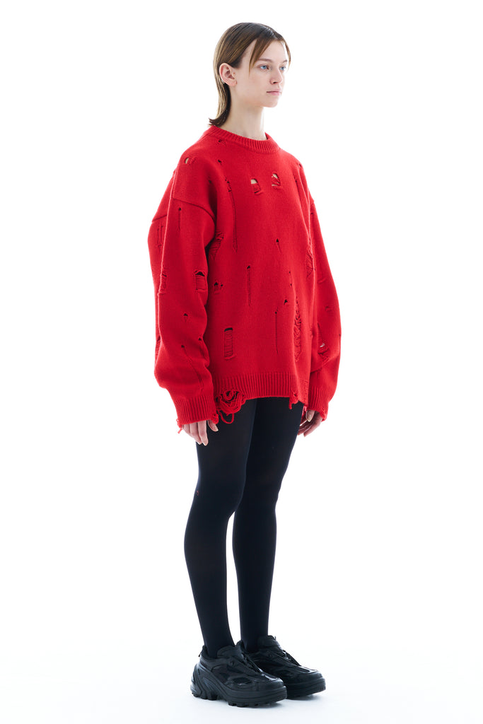 DAMAGED KNIT SWEATER / RED