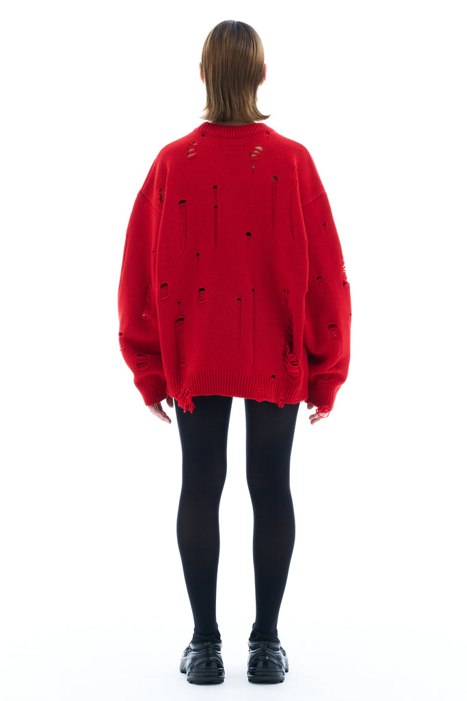 DAMAGED KNIT SWEATER / RED